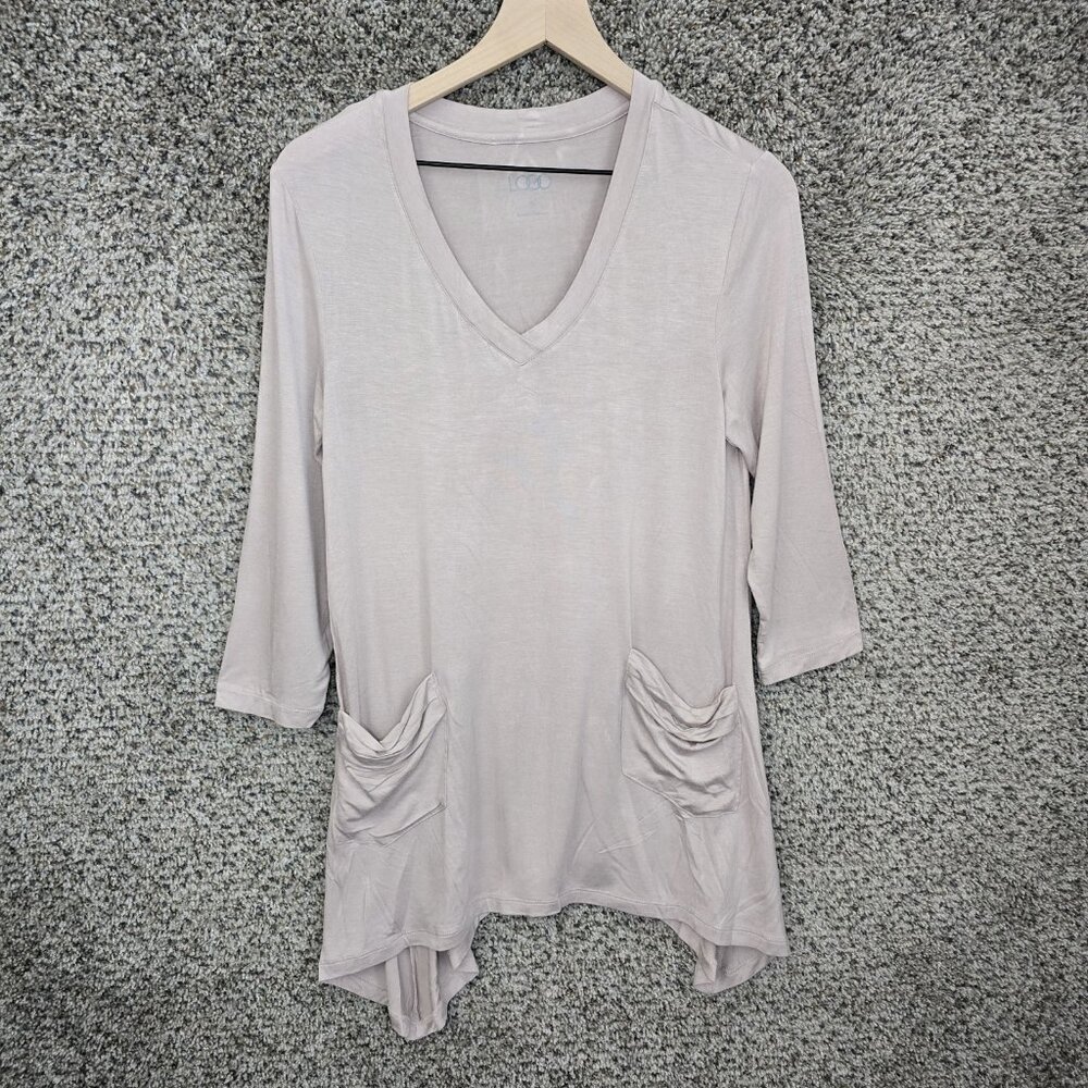 LOGO Lori Goldstein Top Womens Small Pink V Neck Tunic Pockets Stretch Casual